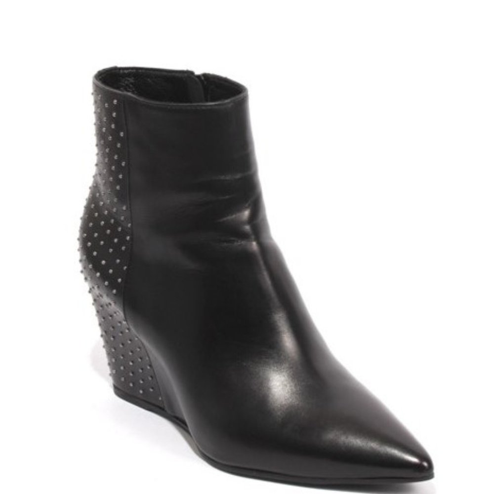 ITALIAN Black Leather Studded Pointy Wedge Boots